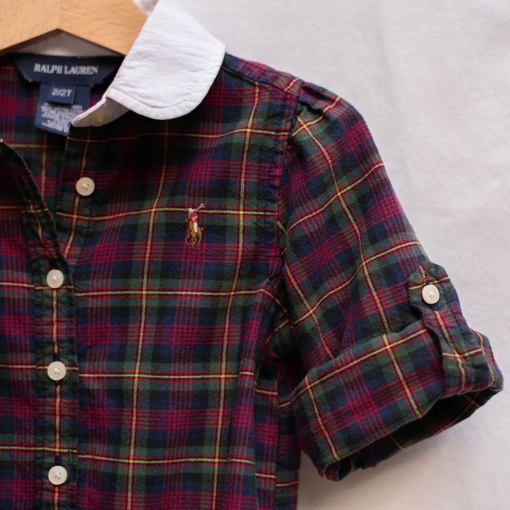 Ralph Lauren Shirt Dress Toddler 2T Tartan Plaid Peter Pan Collar Cinched Preppy